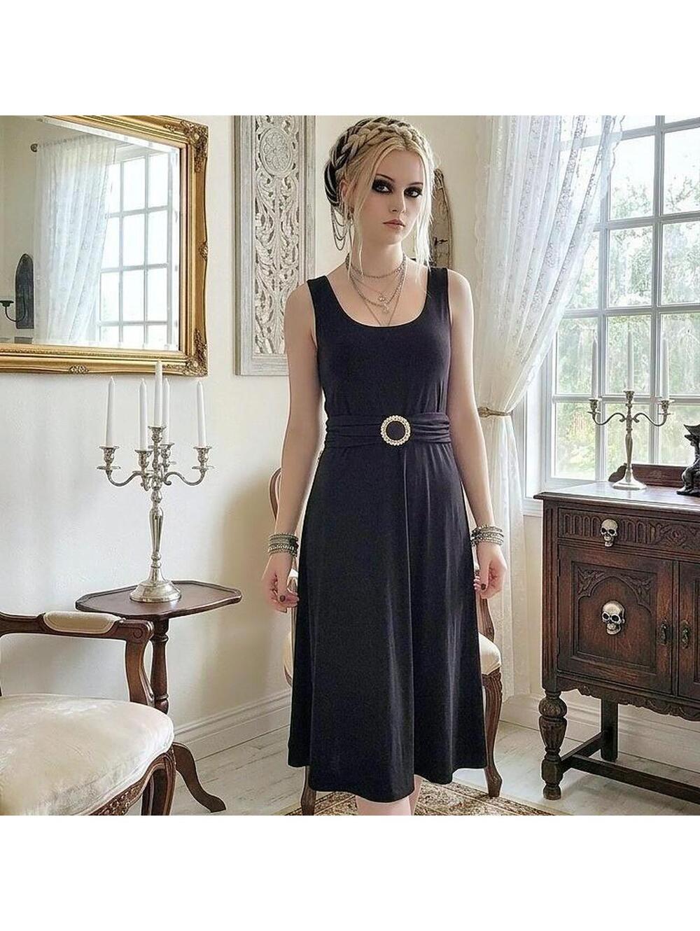 Black maxi dress with gold belt 158